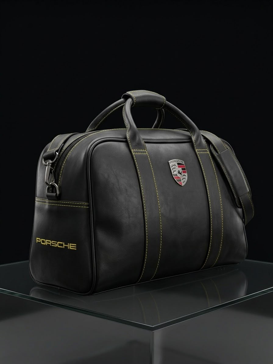Bolso negro con inspiración automotriz y costuras amarillas